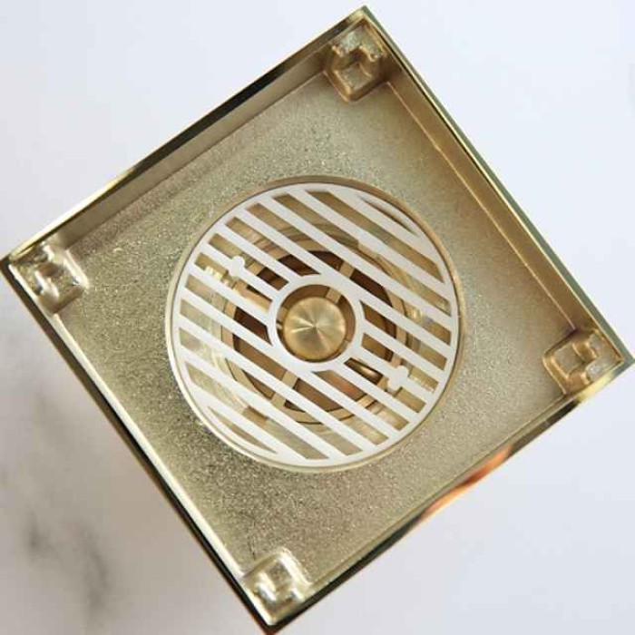 4 inch Shower Floor Drain Square, Removable Brass Flange Reversible 2-in-1 Cover Tile Insert Grate, Hair Catcher Strainer Black Chrome Golden