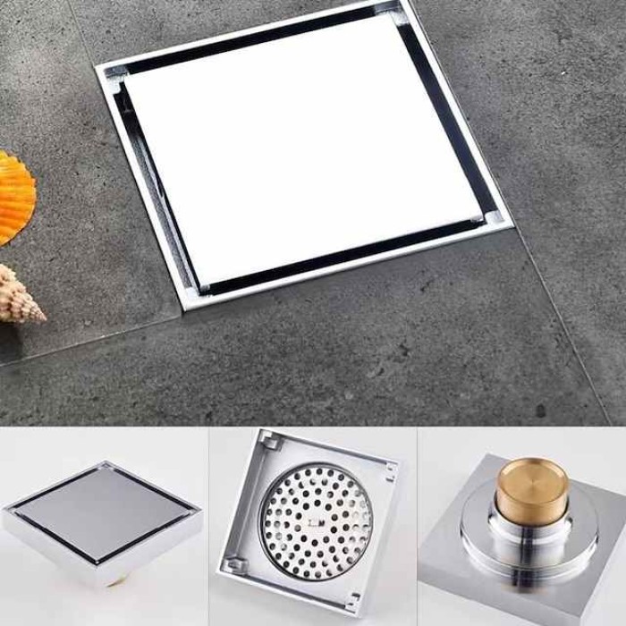 4 inch Shower Floor Drain Square, Removable Brass Flange Reversible 2-in-1 Cover Tile Insert Grate, Hair Catcher Strainer Black Chrome Golden