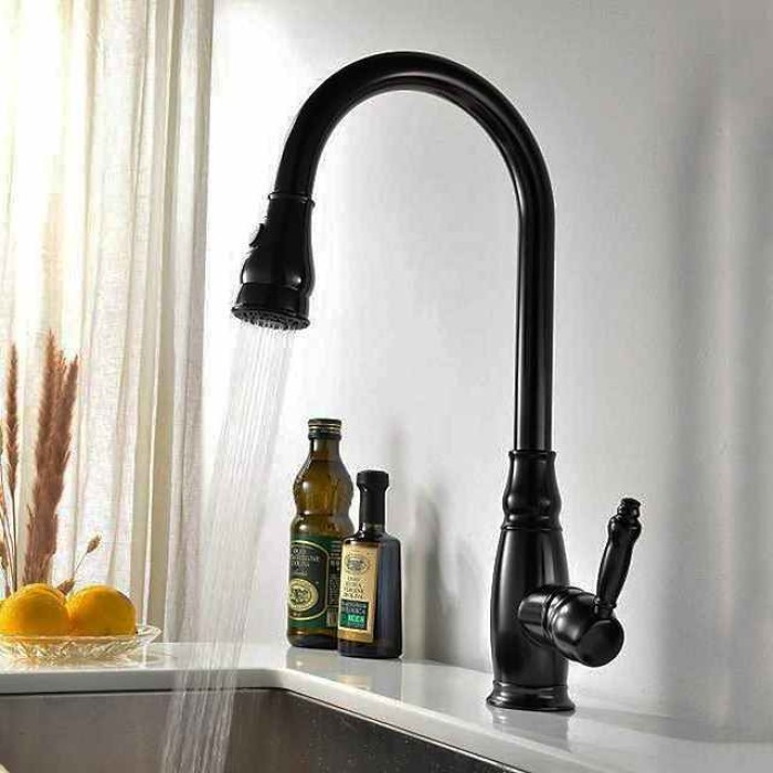 Kitchen Sink Mixer Faucet with Pull Out Sprayer, High Arc Brass Silver/Coffee Single Handle One Hole Oil-rubbed Bronze Pull Down Tall Kitchen Taps with Hot and Cold Water Hose