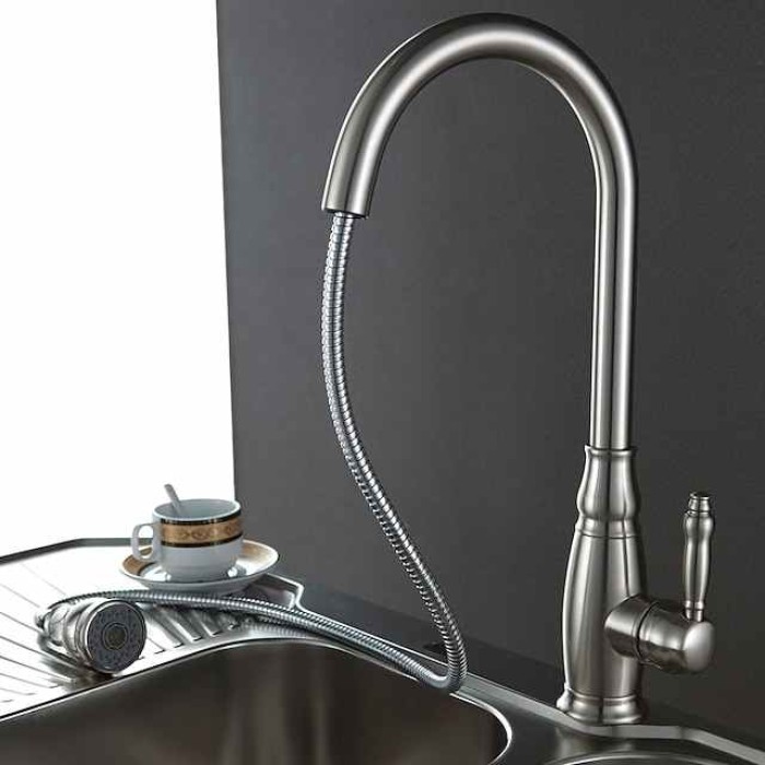 Kitchen Sink Mixer Faucet with Pull Out Sprayer, High Arc Brass Silver/Coffee Single Handle One Hole Oil-rubbed Bronze Pull Down Tall Kitchen Taps with Hot and Cold Water Hose