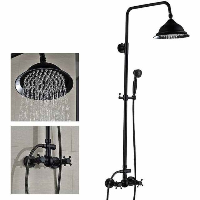 Vintage Shower System Faucet Combo Set Ceramic Mixer Valve, 8 inch Brass Rainfall Shower Head Showerhead with Handheld Spray, Antique Wall Mounted Tub and Shower Kit Bathroom Bath