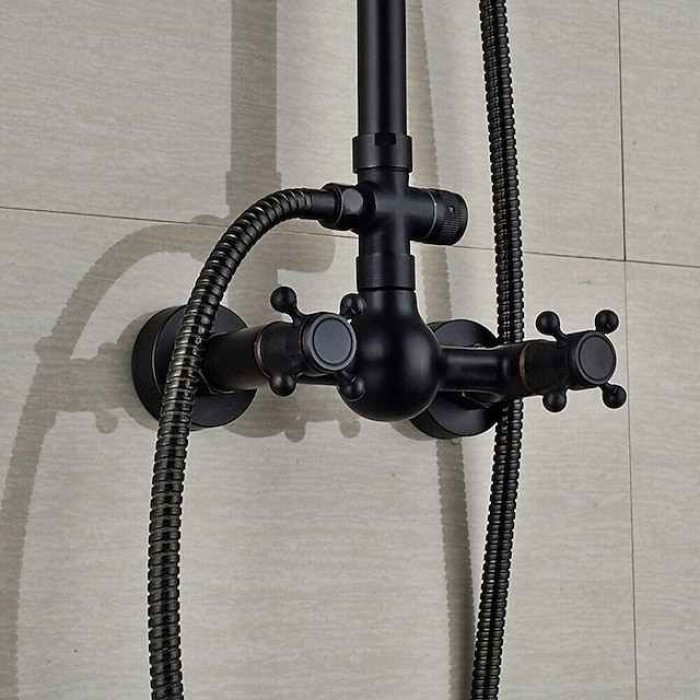 Vintage Shower System Faucet Combo Set Ceramic Mixer Valve, 8 inch Brass Rainfall Shower Head Showerhead with Handheld Spray, Antique Wall Mounted Tub and Shower Kit Bathroom Bath