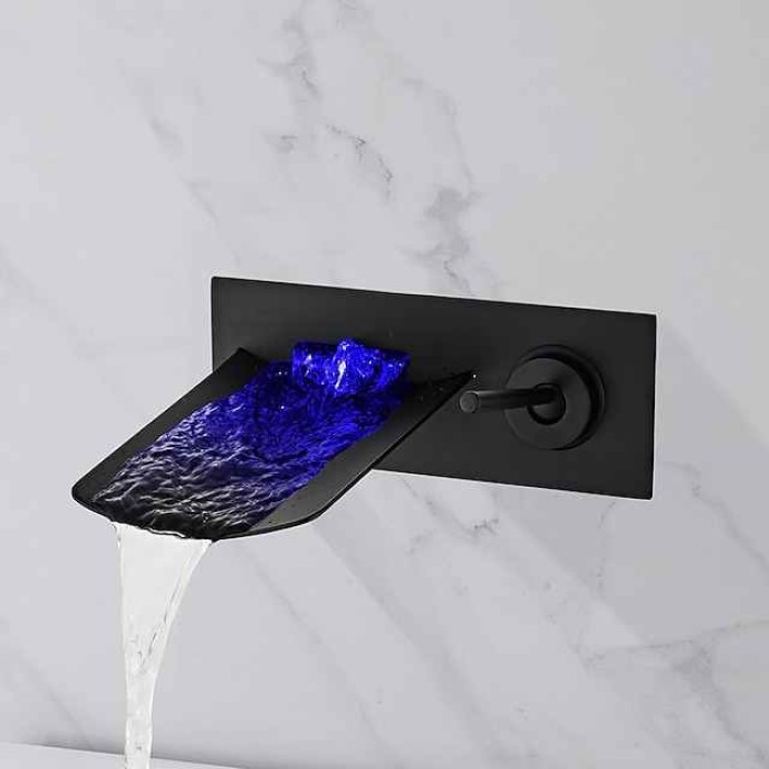 LED Bathroom Sink Mixer Faucet Waterfall Spout 3 Color Water Temperature, Basin Vessel Taps Brass Wall Mounted Single Handle Two Hole Bath Taps With Cold and Hot Hose