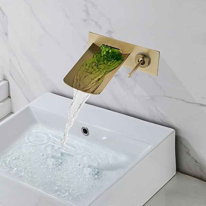 LED Bathroom Sink Mixer Faucet Waterfall Spout 3 Color Water Temperature, Basin Vessel Taps Brass Wall Mounted Single Handle Two Hole Bath Taps With Cold and Hot Hose