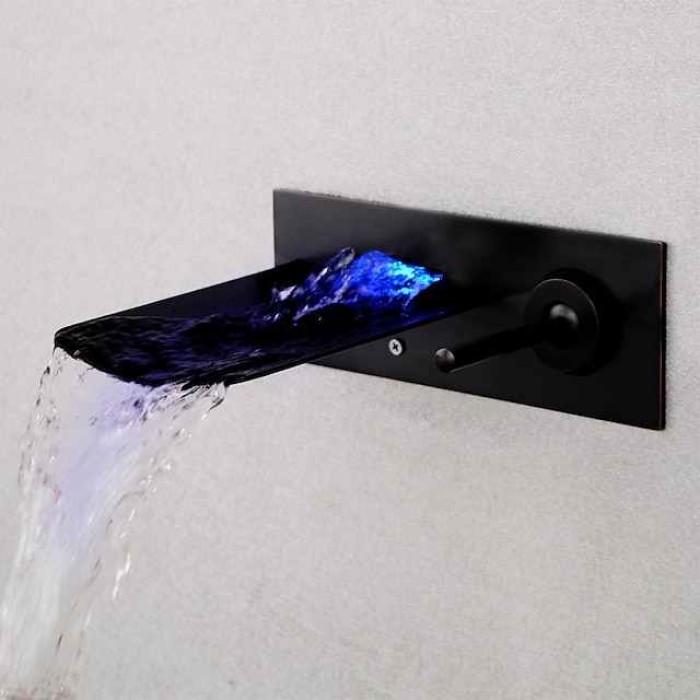 LED Bathroom Sink Mixer Faucet Waterfall Spout 3 Color Water Temperature, Basin Vessel Taps Brass Wall Mounted Single Handle Two Hole Bath Taps With Cold and Hot Hose