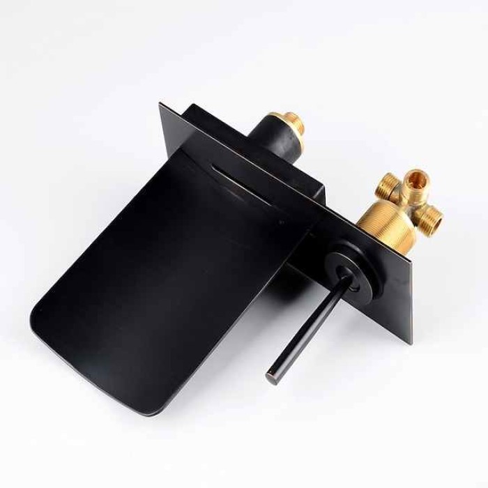 LED Bathroom Sink Mixer Faucet Waterfall Spout 3 Color Water Temperature, Basin Vessel Taps Brass Wall Mounted Single Handle Two Hole Bath Taps With Cold and Hot Hose