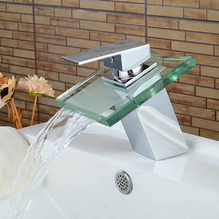 Modern Chrome Glass Waterfall Bathroom Basin Single Handle One Hole Bath Taps with Hot and Cold Water Switch