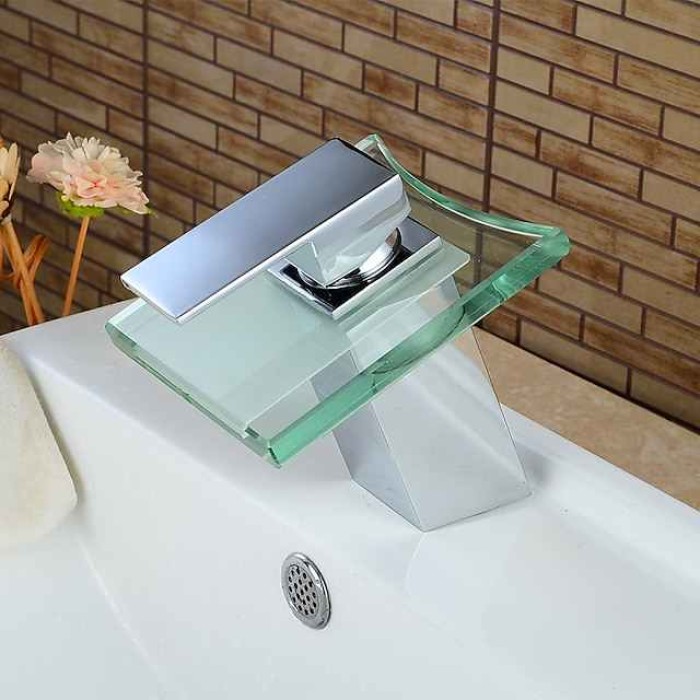 Modern Chrome Glass Waterfall Bathroom Basin Single Handle One Hole Bath Taps with Hot and Cold Water Switch