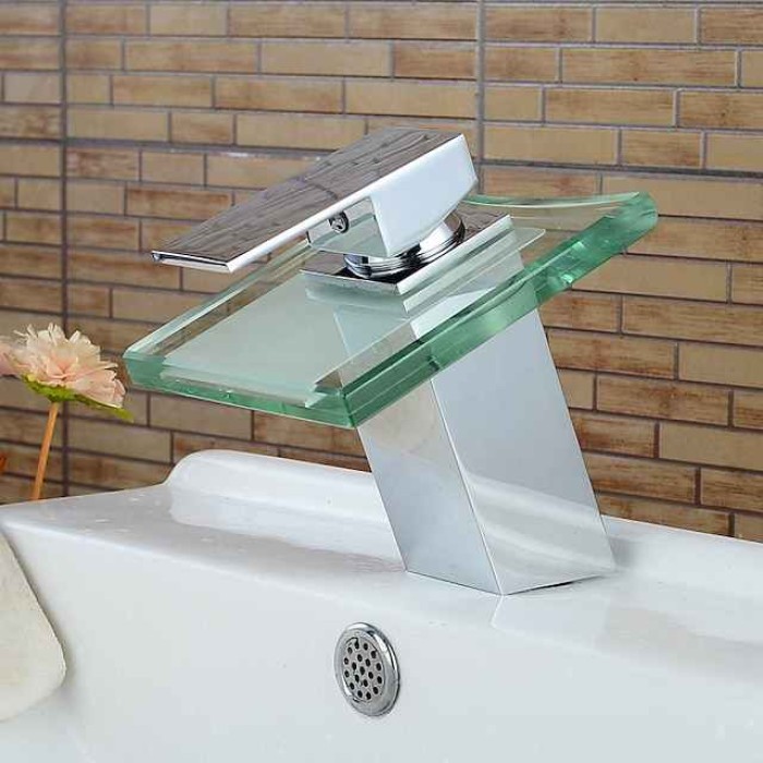 Modern Chrome Glass Waterfall Bathroom Basin Single Handle One Hole Bath Taps with Hot and Cold Water Switch