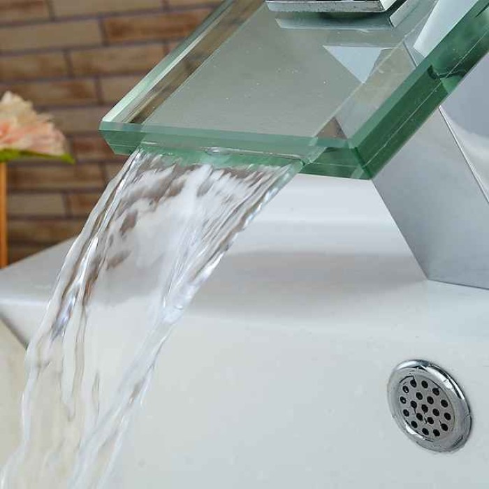 Modern Chrome Glass Waterfall Bathroom Basin Single Handle One Hole Bath Taps with Hot and Cold Water Switch