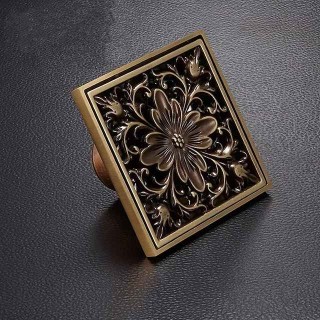 10cm Brass Bathroom Floor Drain, Art Carved Flower Pattern Square Shower Sink Drain Strainer Cover Grate Drain with Removable Cover for Hotel Home