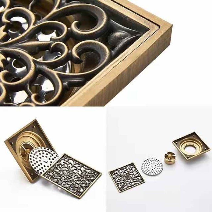 10cm Brass Bathroom Floor Drain, Art Carved Flower Pattern Square Shower Sink Drain Strainer Cover Grate Drain with Removable Cover for Hotel Home