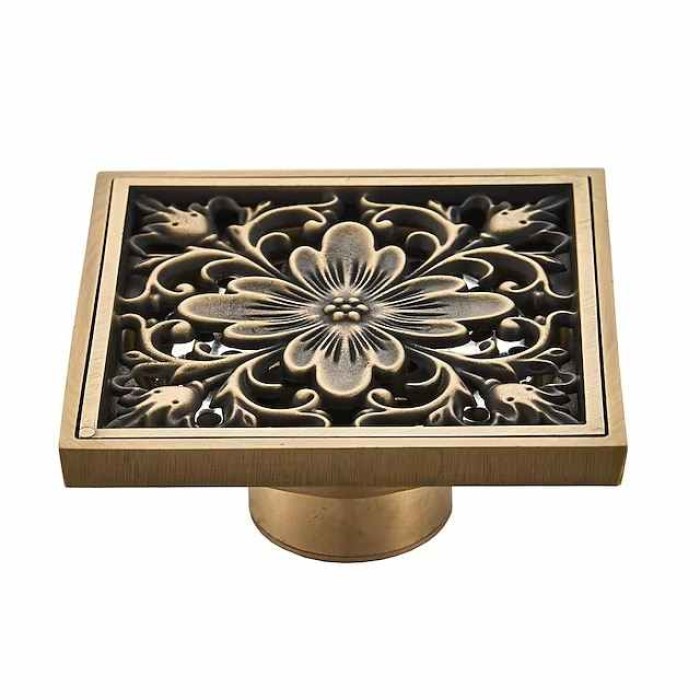 10cm Brass Bathroom Floor Drain, Art Carved Flower Pattern Square Shower Sink Drain Strainer Cover Grate Drain with Removable Cover for Hotel Home