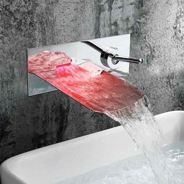 Wall Mounted Bathroom Sink Faucet,Single Handle Two Holes LED  Waterfall Contemporary Chromium Plating Bath Taps with Hot and Cold Water