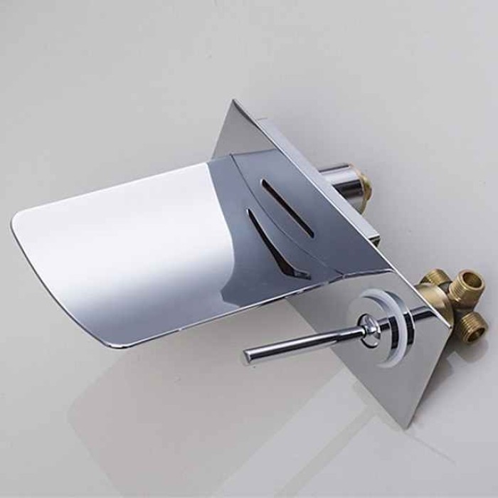 Wall Mounted Bathroom Sink Faucet,Single Handle Two Holes LED  Waterfall Contemporary Chromium Plating Bath Taps with Hot and Cold Water