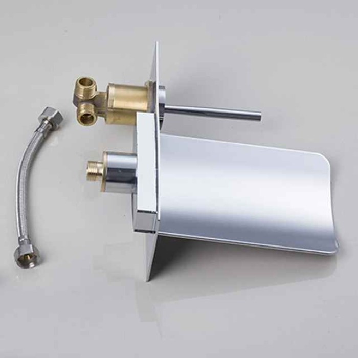 Wall Mounted Bathroom Sink Faucet,Single Handle Two Holes LED  Waterfall Contemporary Chromium Plating Bath Taps with Hot and Cold Water