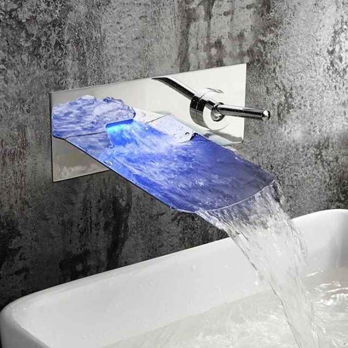 Wall Mounted Bathroom Sink Faucet,Single Handle Two Holes LED  Waterfall Contemporary Chromium Plating Bath Taps with Hot and Cold Water