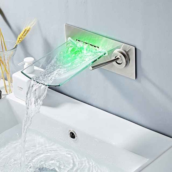 Wall Mounted Bathroom Sink Faucet,Single Handle Two Holes LED  Waterfall Contemporary Chromium Plating Bath Taps with Hot and Cold Water