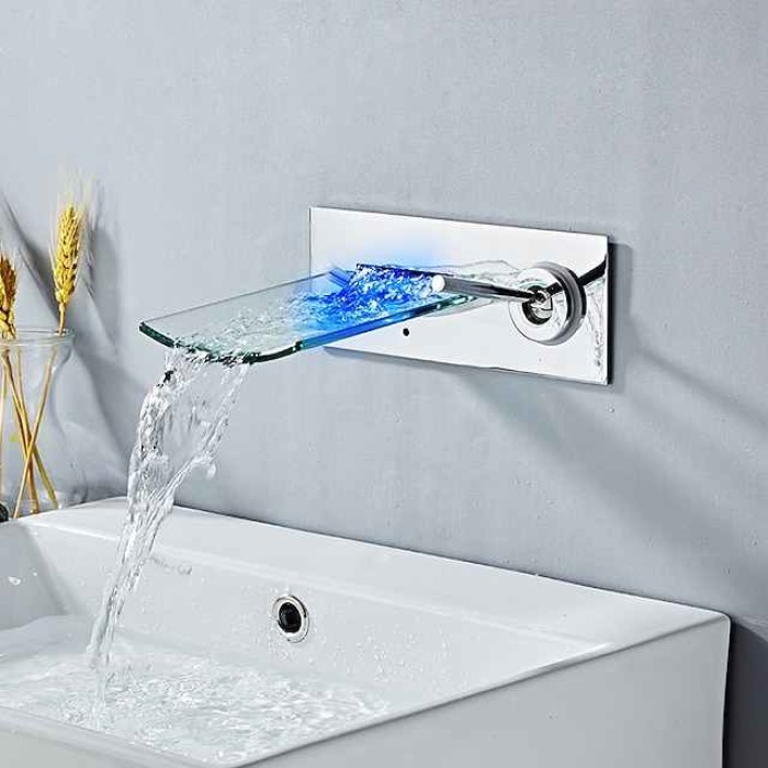 Wall Mounted Bathroom Sink Faucet,Single Handle Two Holes LED  Waterfall Contemporary Chromium Plating Bath Taps with Hot and Cold Water