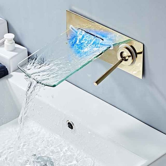 Wall Mounted Bathroom Sink Faucet,Single Handle Two Holes LED  Waterfall Contemporary Chromium Plating Bath Taps with Hot and Cold Water