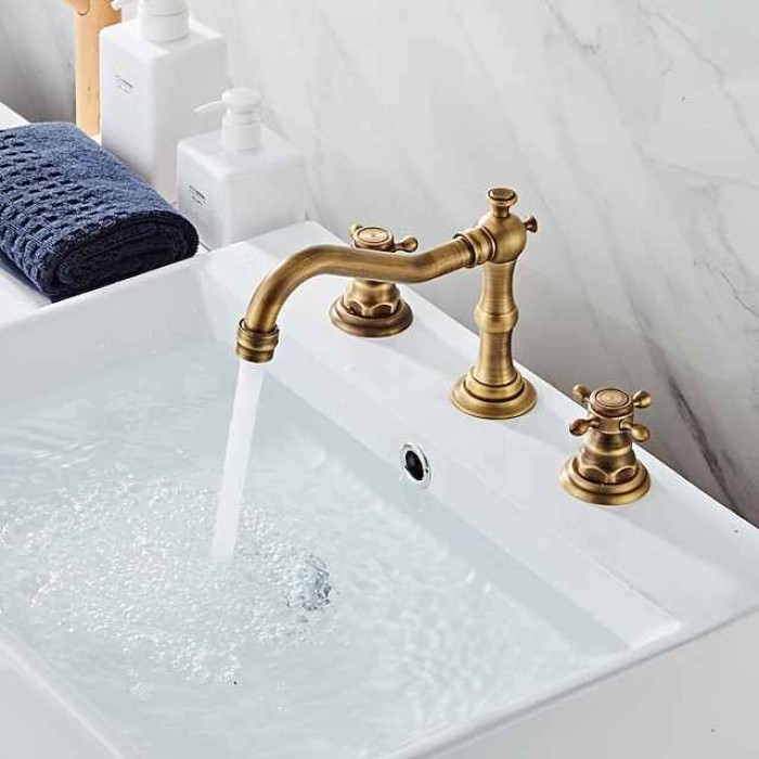 Brass Bathroom Faucet, Brushed Finish Antique Copper Two Handles Three Holes Widespread Bathroom Sink Faucet Contain with Cold and Hot Switch