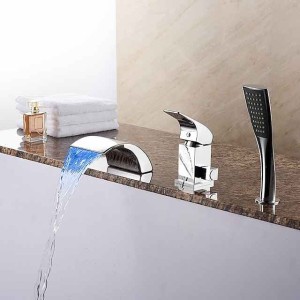 Bathtub Faucet Waterfall Spout LED 3 Color Water Flow with Heldhand Shower, Widespread Bath Roman Tub Filler Mixer Tap Bathroom 3 Hole Deck Mounted