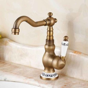 Bathroom Sink Faucet,Antique Brass Retro Style Single Handle One Hole Standard Spout Rotatable Faucet Set with Ceramic Handle and Hot/Cold Water