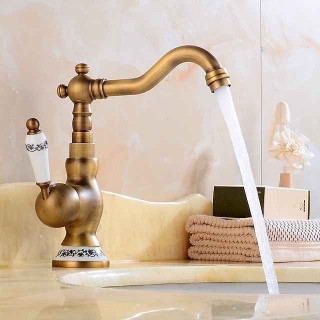 Bathroom Sink Faucet,Antique Brass Retro Style Single Handle One Hole Standard Spout Rotatable Faucet Set with Ceramic Handle and Hot/Cold Water