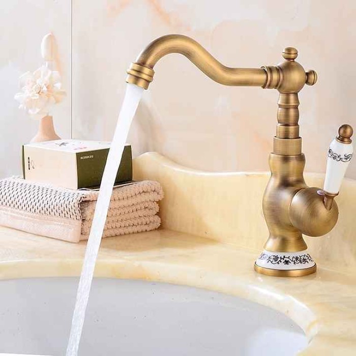 Bathroom Sink Faucet,Antique Brass Retro Style Single Handle One Hole Standard Spout Rotatable Faucet Set with Ceramic Handle and Hot/Cold Water