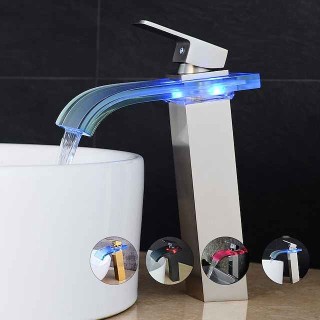 LED Bathroom Sink Mixer Faucet Waterfall Spout 3 Color Temperature, Tall Vessel Taps Single Handle One-hole Monobloc Basin Taps Washroom