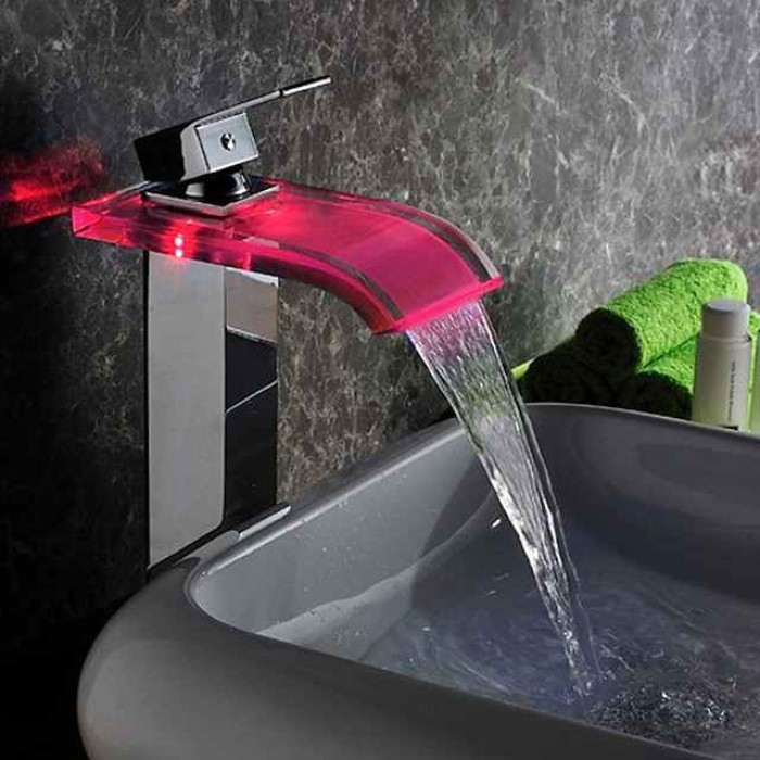 LED Bathroom Sink Mixer Faucet Waterfall Spout 3 Color Temperature, Tall Vessel Taps Single Handle One-hole Monobloc Basin Taps Washroom