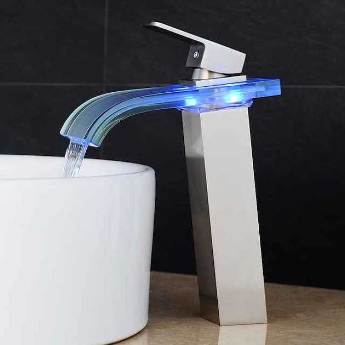 LED Bathroom Sink Mixer Faucet Waterfall Spout 3 Color Temperature, Tall Vessel Taps Single Handle One-hole Monobloc Basin Taps Washroom