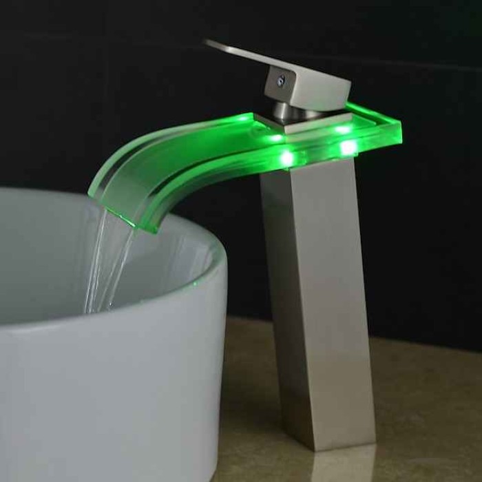 LED Bathroom Sink Mixer Faucet Waterfall Spout 3 Color Temperature, Tall Vessel Taps Single Handle One-hole Monobloc Basin Taps Washroom