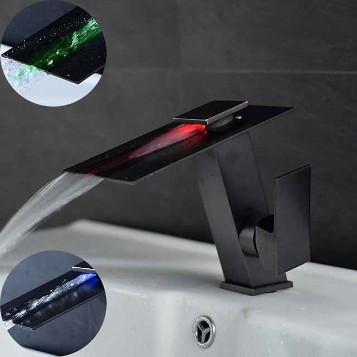 Bathroom Faucet LED Waterfall Spout 3 Color Changes with Temperature, Sink Mixer Mono Basin Taps, Single Handle One Hole Brass Washroom Vessel Tap Deck Mounted