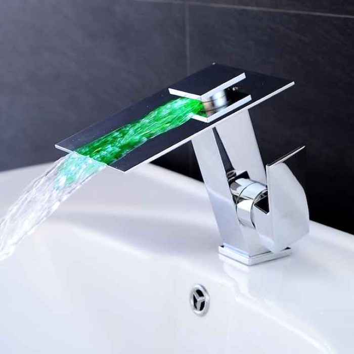 Bathroom Faucet LED Waterfall Spout 3 Color Changes with Temperature, Sink Mixer Mono Basin Taps, Single Handle One Hole Brass Washroom Vessel Tap Deck Mounted