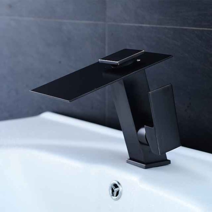 Bathroom Faucet LED Waterfall Spout 3 Color Changes with Temperature, Sink Mixer Mono Basin Taps, Single Handle One Hole Brass Washroom Vessel Tap Deck Mounted