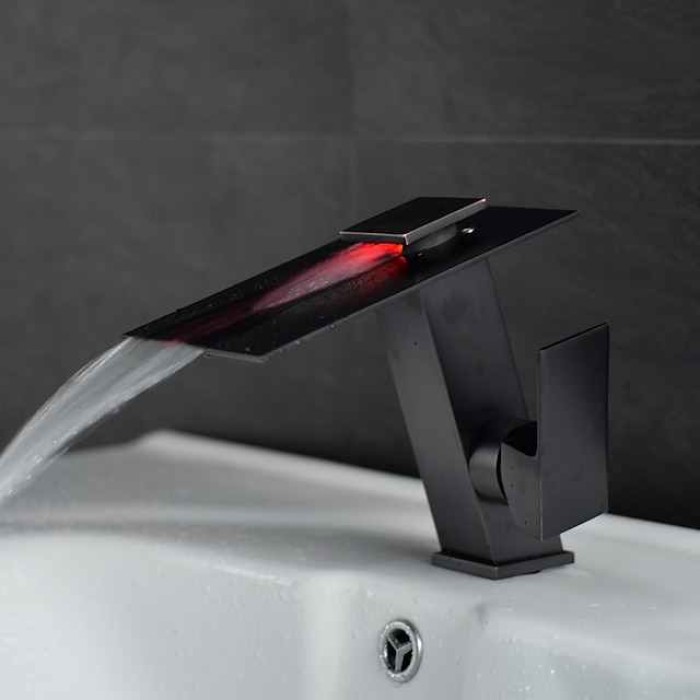 Bathroom Faucet LED Waterfall Spout 3 Color Changes with Temperature, Sink Mixer Mono Basin Taps, Single Handle One Hole Brass Washroom Vessel Tap Deck Mounted