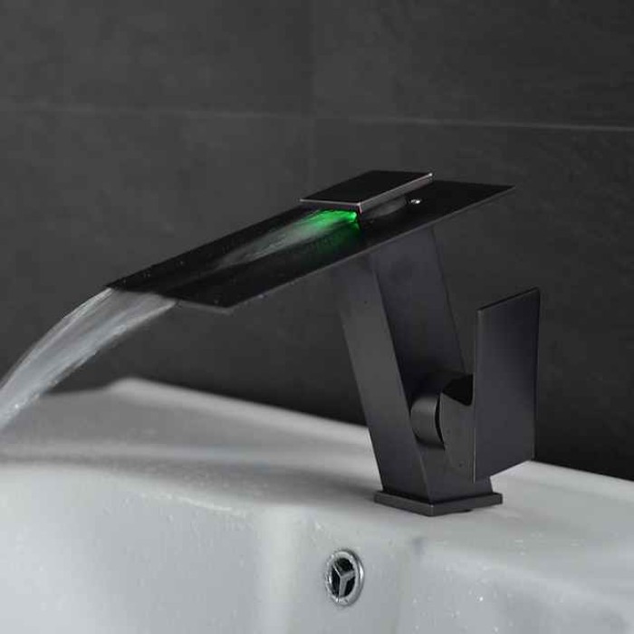 Bathroom Faucet LED Waterfall Spout 3 Color Changes with Temperature, Sink Mixer Mono Basin Taps, Single Handle One Hole Brass Washroom Vessel Tap Deck Mounted