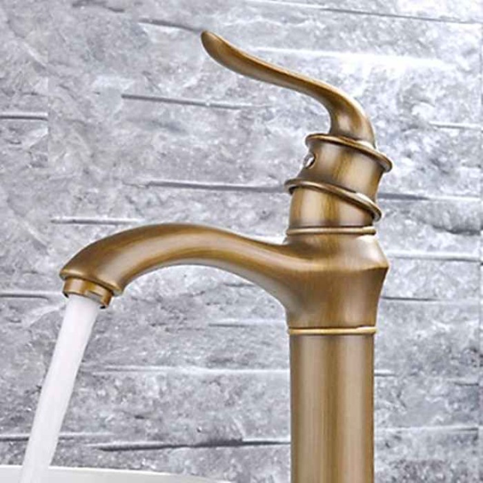 Brass Bathroom Sink Faucet,Waterfall Antique Brass Widespread Water Flow Single Handle One Hole Bath Taps with Hot and Cold Switch