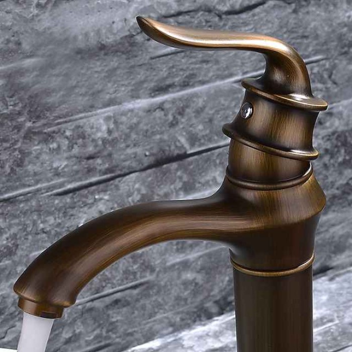 Brass Bathroom Sink Faucet,Waterfall Antique Brass Widespread Water Flow Single Handle One Hole Bath Taps with Hot and Cold Switch