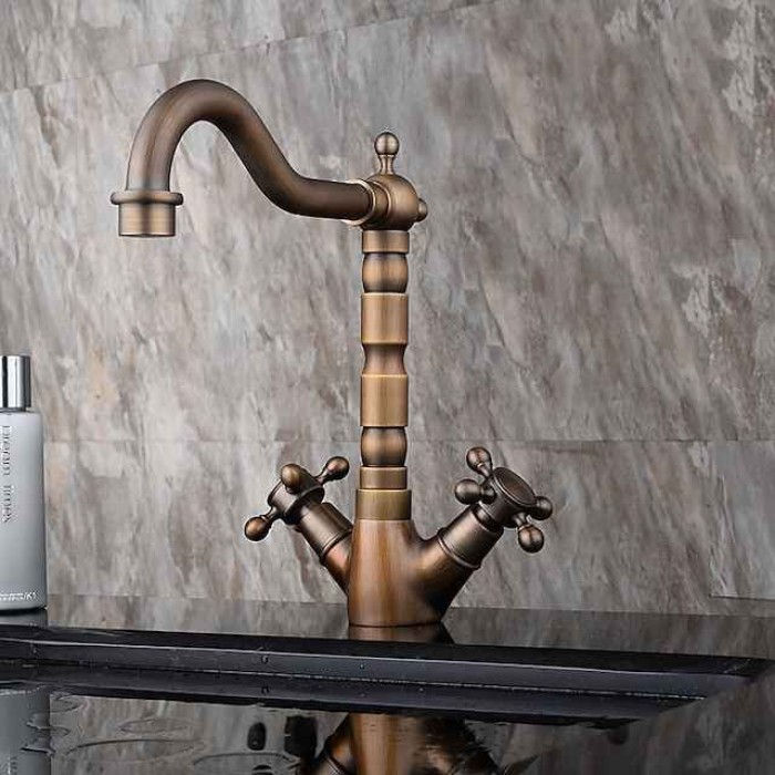 Antique Copper Bathroom Sink Faucet,Centerset Two Handles One Hole Bath Taps with Hot and Cold Switch and Ceramic Valve