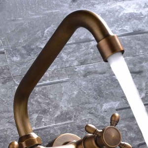 Wall Mount Bathroom Sink Mixer Faucet, Widespread Brass 3 Holes 2 Handles Vintage Basin Taps Washroom with Hot and Cold Water Hose