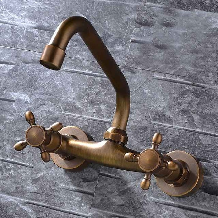 Wall Mount Bathroom Sink Mixer Faucet, Widespread Brass 3 Holes 2 Handles Vintage Basin Taps Washroom with Hot and Cold Water Hose