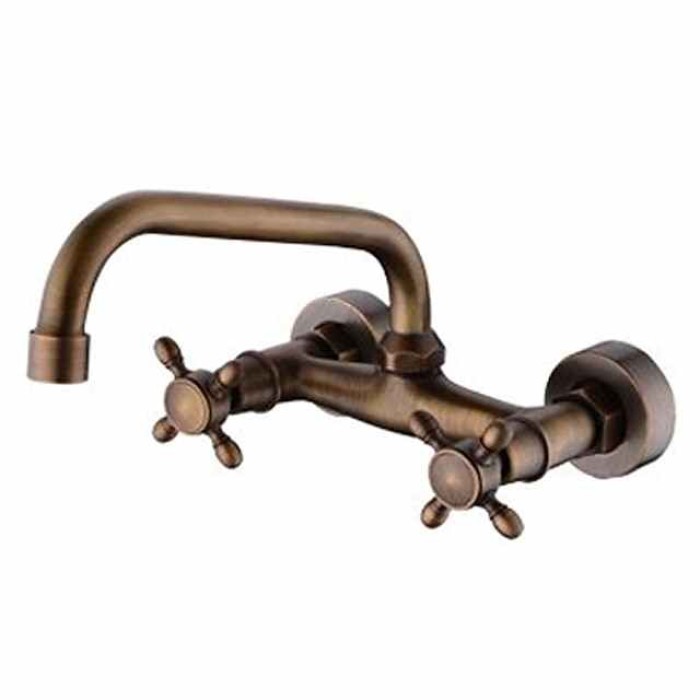 Wall Mount Bathroom Sink Mixer Faucet, Widespread Brass 3 Holes 2 Handles Vintage Basin Taps Washroom with Hot and Cold Water Hose