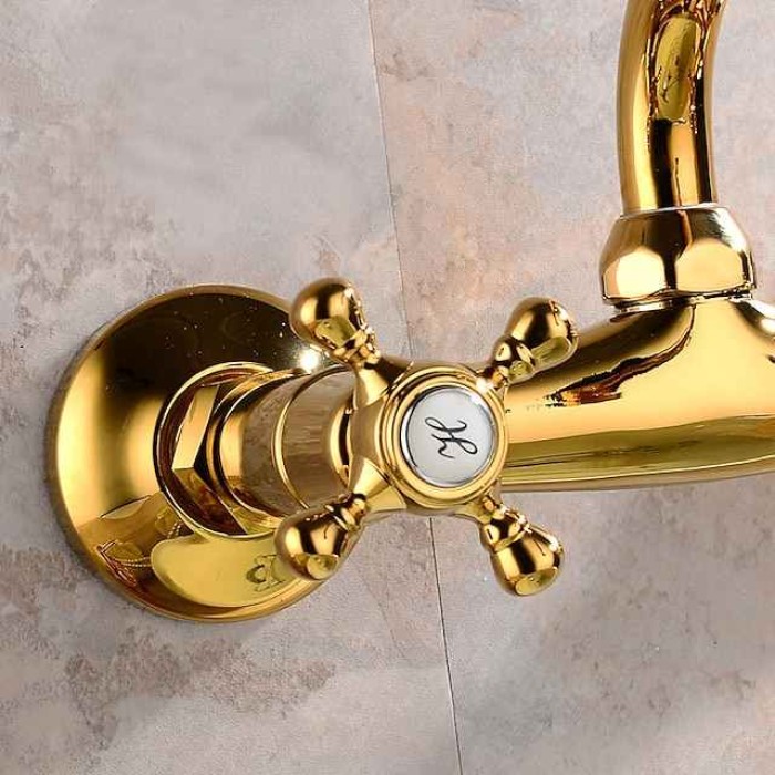 Bathroom Sink Mixer Faucet Wall Mounted Golden, Twin Handle Two Holes Basin Taps, Brass Vessel Tap