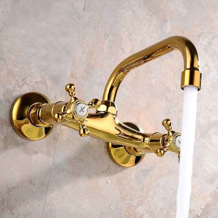 Bathroom Sink Mixer Faucet Wall Mounted Golden, Twin Handle Two Holes Basin Taps, Brass Vessel Tap