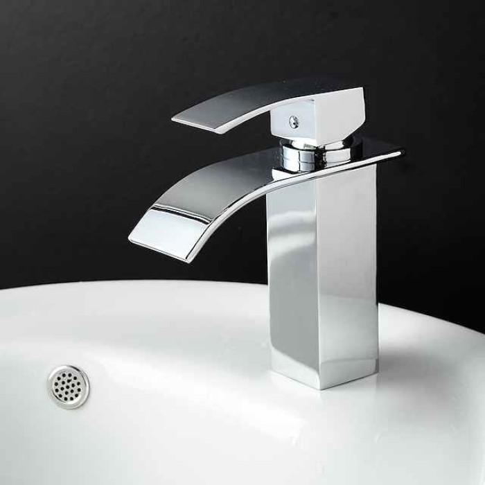 Bathroom Sink Faucet,Brass Single Handle One Hole Silvery Waterfall Concise Style Chrome Centerset Bath Taps