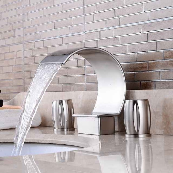 Bathroom Sink Faucet,Silvery Two Handles Three Holes Deluxe Waterfall Brush Polished Widespread Brass Bathroom Sink Faucet With Cold and Hot Switch