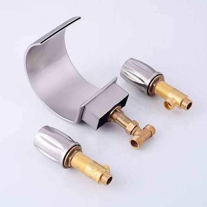 Bathroom Sink Faucet,Silvery Two Handles Three Holes Deluxe Waterfall Brush Polished Widespread Brass Bathroom Sink Faucet With Cold and Hot Switch