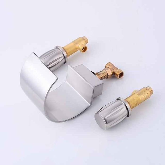 Bathroom Sink Faucet,Silvery Two Handles Three Holes Deluxe Waterfall Brush Polished Widespread Brass Bathroom Sink Faucet With Cold and Hot Switch